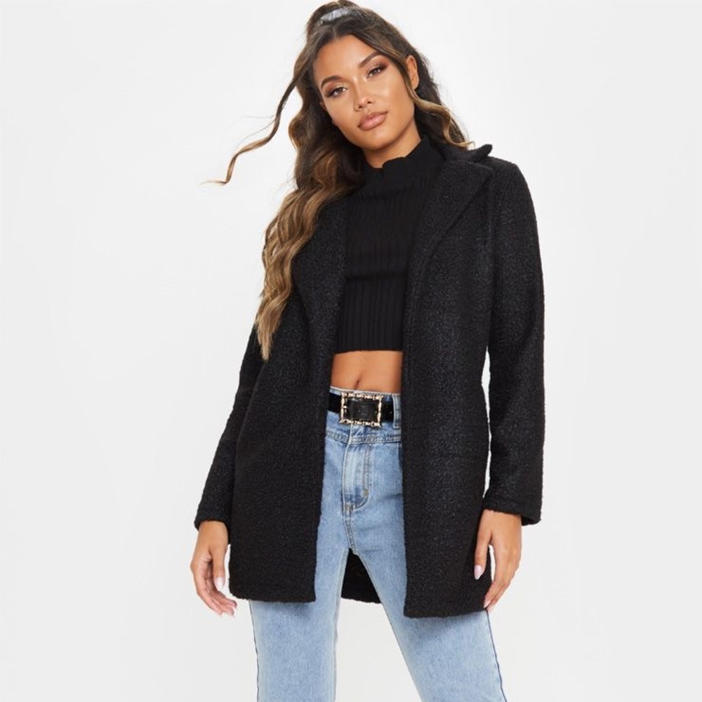 Black Textured Long Line Coat